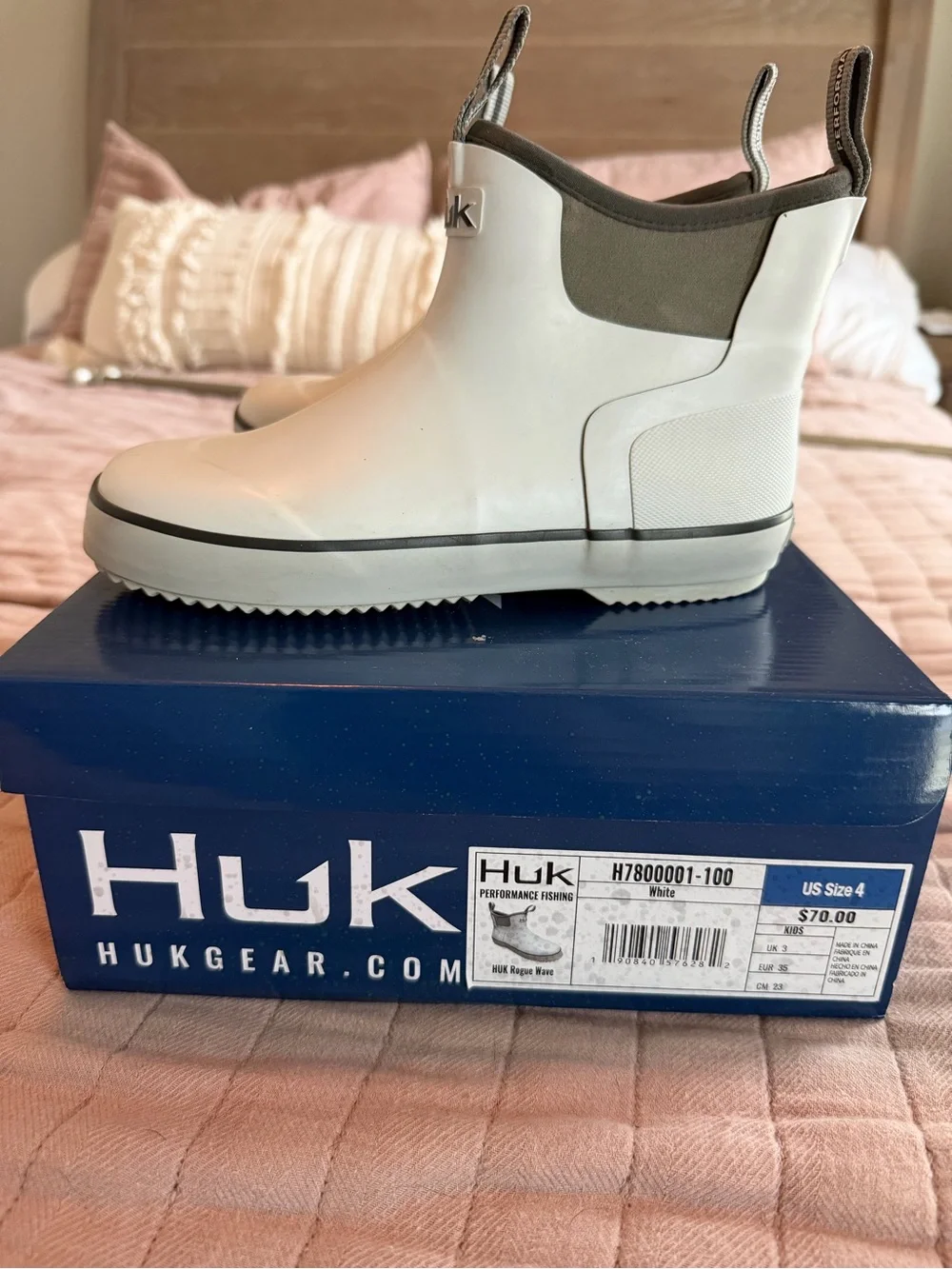 Huk White and Gray kids Slip-On Rain/ fishing Boots